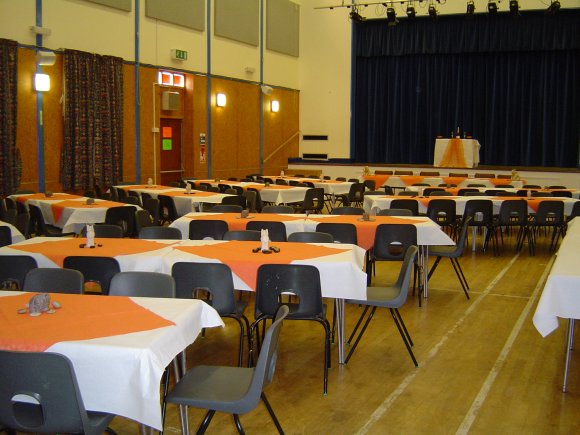 Inside the village hall laid out with tables